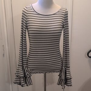 We The Free White and Black Striped Ruffle Bell-Sleeve Top